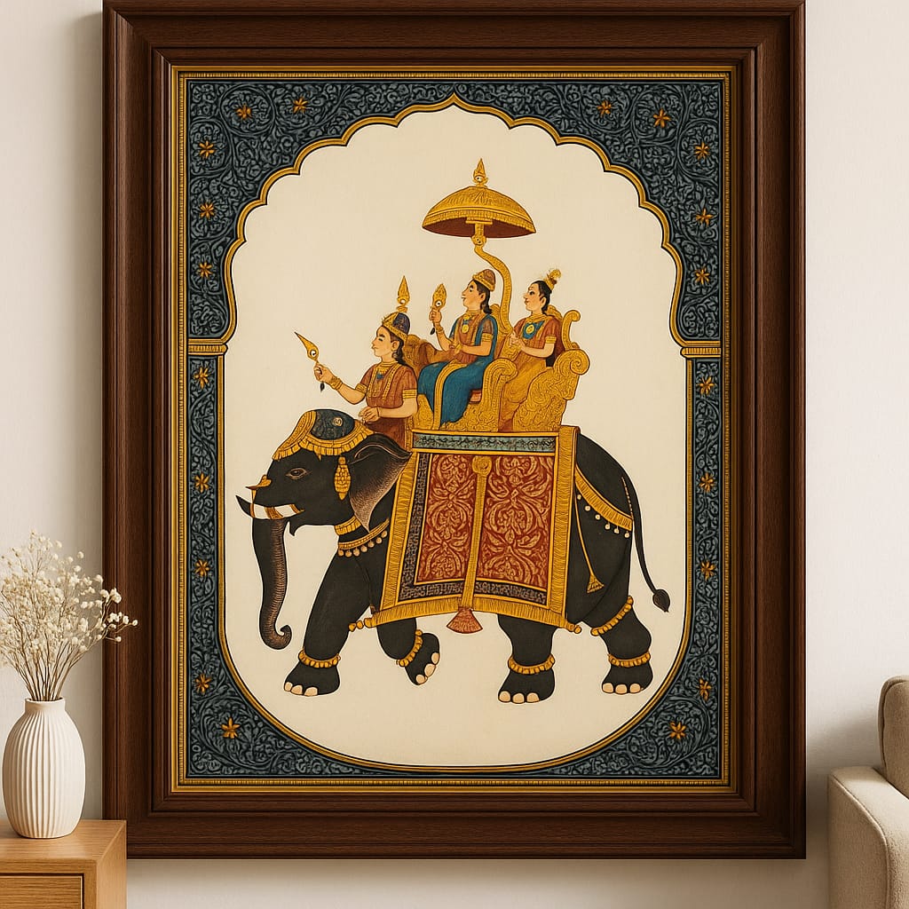 Gajraj's Divine Procession - "Traditional Indian Miniature"
